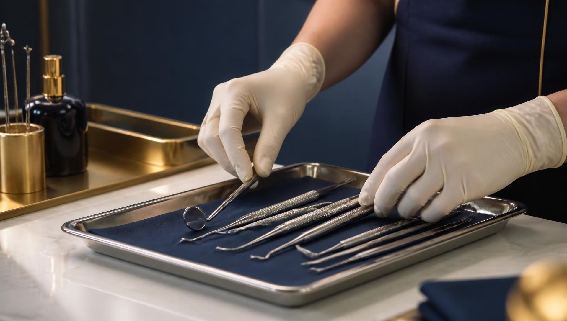Gloved hands arranging sterilised dental instruments on a tray